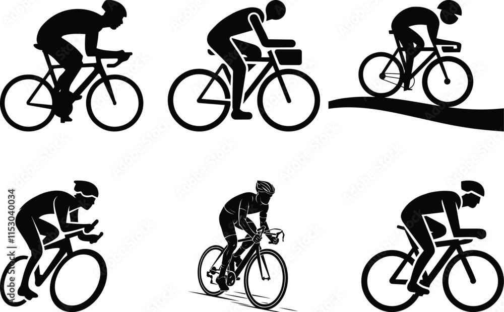 Fototapeta premium Bold Black Silhouette of a Cyclist, Minimalist Vector Illustration Isolated on White Background