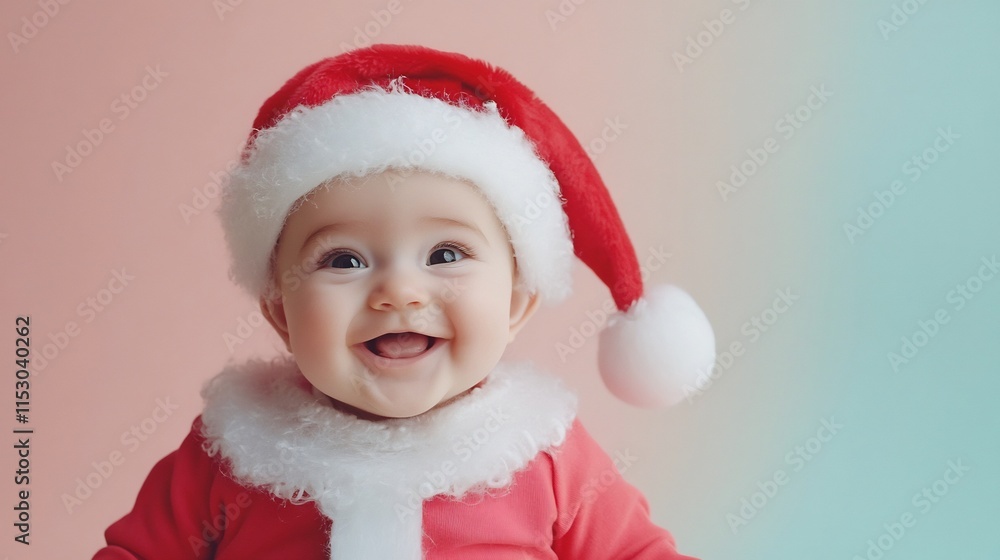 Happy Baby in Festive Santa Costume on Pastel Background Happy Baby in Festive Santa Costume on Pastel Background