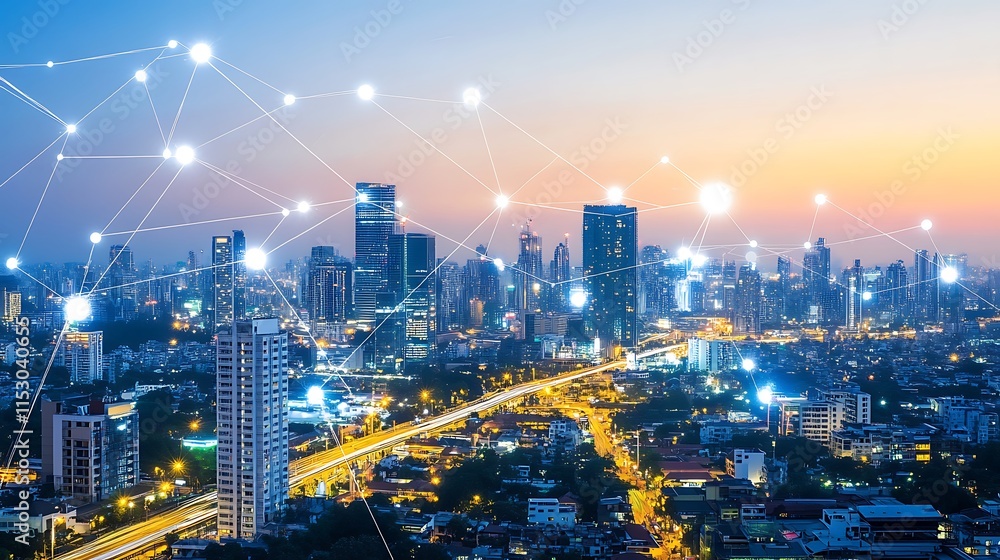 Obraz premium Vibrant city at night with showcasing interconnected network technological advancements.