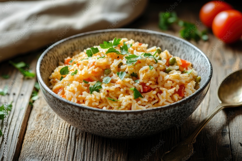 Tasty cooked rice in bowl and spoon on wooden table Tasty cooked rice in bowl and spoon on wooden table