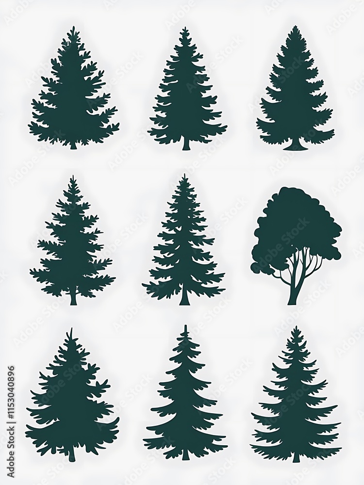 Evergreen Tree Silhouettes - Different shapes of pine trees for outdoor and nature themes. white background Evergreen Tree Silhouettes - Different shapes of pine trees for outdoor and nature themes. white background