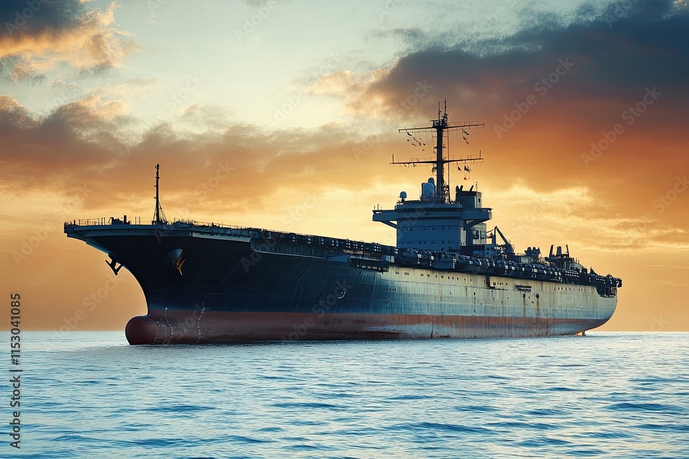 Fototapeta premium Large ship anchored at sunset in calm waters.