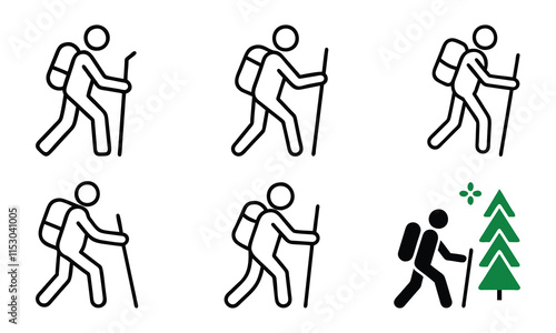 Hiking and Trekking Icon Set, A set of six black-and-white and color icons depicting hikers with backpacks and walking sticks, ideal for outdoor, adventure, and travel designs.  
