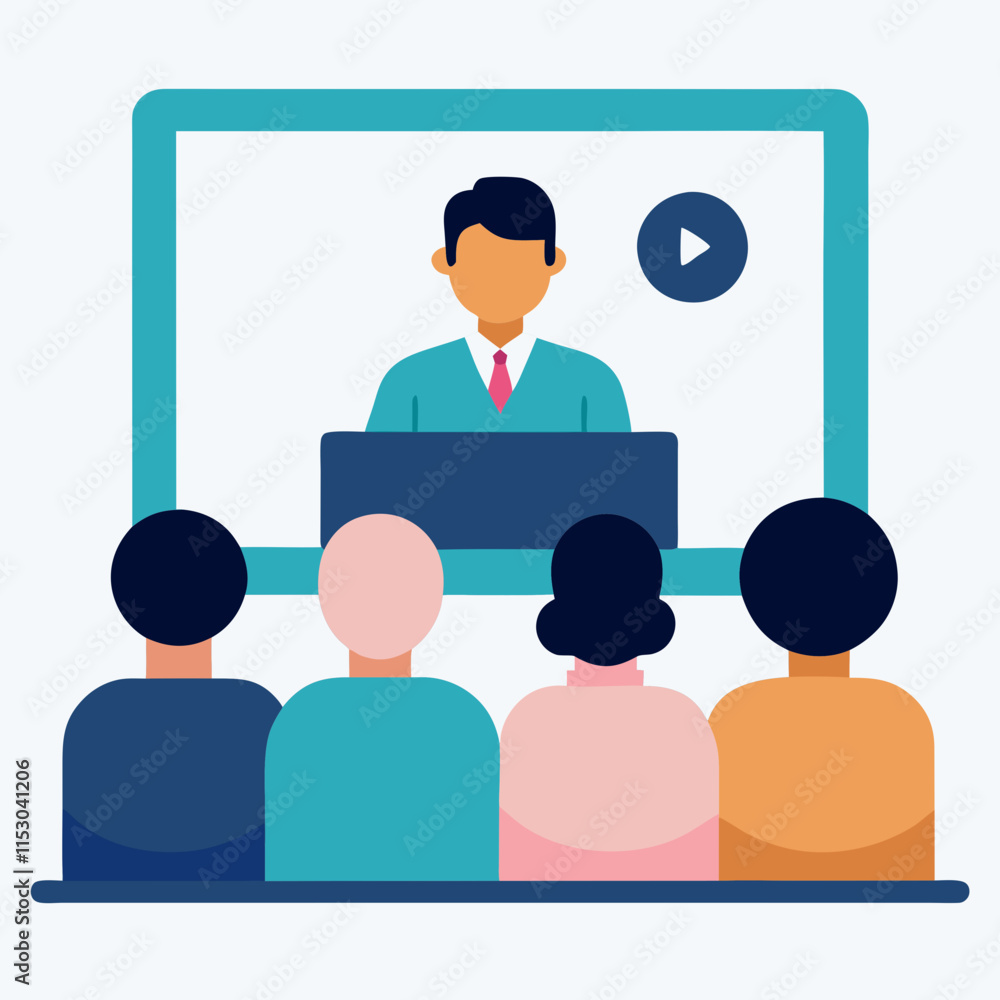 Educational Online Lecture Illustration Featuring Attendees and a Keynote Speaker Educational Online Lecture Illustration Featuring Attendees and a Keynote Speaker