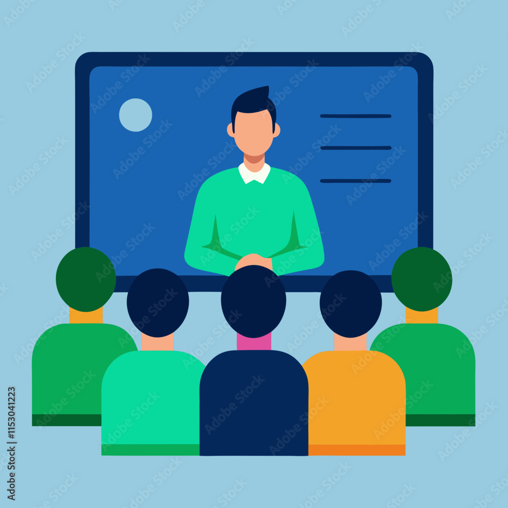 Educational Online Lecture Illustration Featuring Attendees and a Keynote Speaker Educational Online Lecture Illustration Featuring Attendees and a Keynote Speaker
