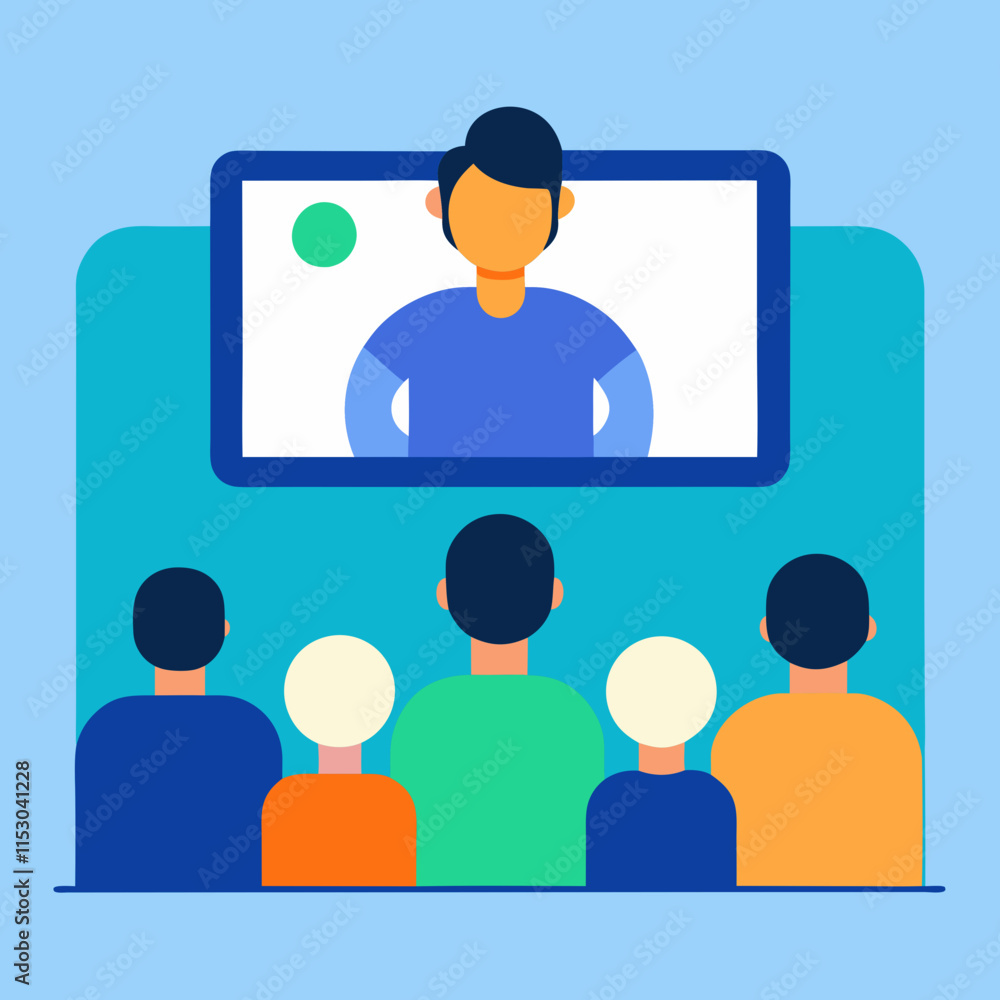 Educational Online Lecture Illustration Featuring Attendees and a Keynote Speaker Educational Online Lecture Illustration Featuring Attendees and a Keynote Speaker