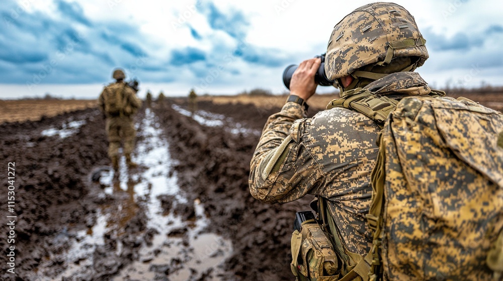 Soldier Carrying Rifle in Muddy Camouflage Uniform in Cloudy Military Landscape Soldier Carrying Rifle in Muddy Camouflage Uniform in Cloudy Military Landscape