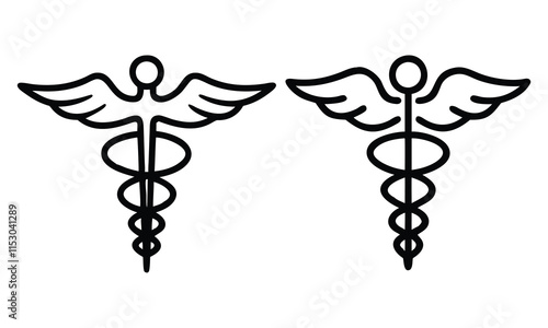 Caduceus Medical Symbol Outline Icons, Two black-and-white outline caduceus icons featuring serpents and wings, symbolizing medicine, healthcare, and medical services for professional use.  
