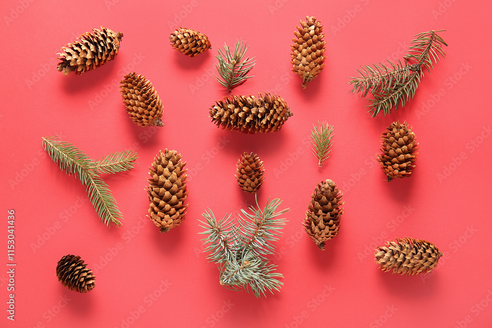Fototapeta premium Pine cones and fir branches on red background