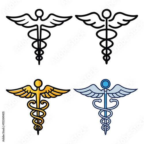 Caduceus Medical Symbol Icon Set: Color and Outline, A set of four caduceus icons in black-and-white and colorful styles, representing medicine, healthcare, and medical services in professional design