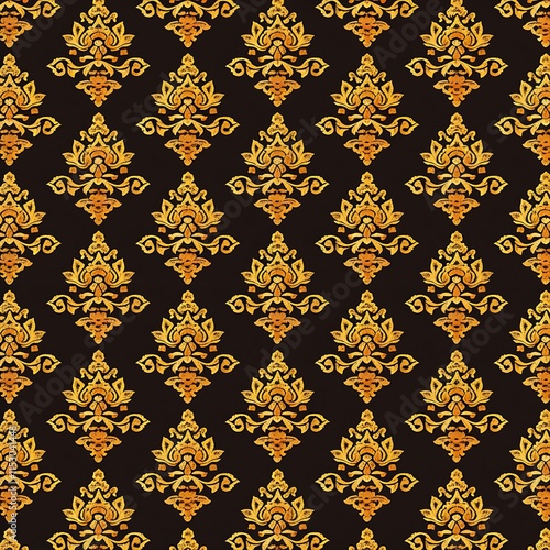 Ornate Thai pattern with golden floral accents on a black silk-like texture. 8k UHD, suitable for high-quality printing or digital display. 