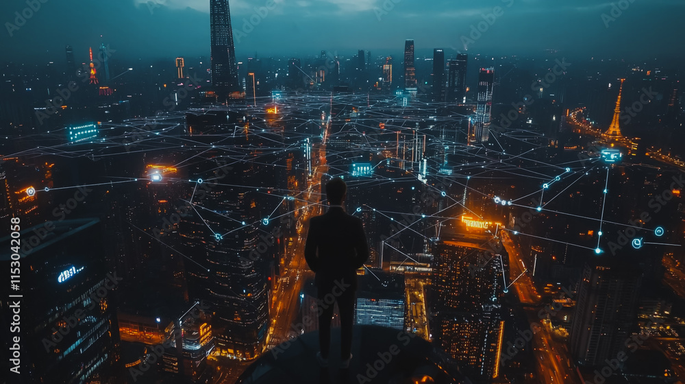 Obraz premium Smart digital city with connection cyber security network reciprocity over the cityscape . future smart wireless digital city and social media networking systems that connects people within the city