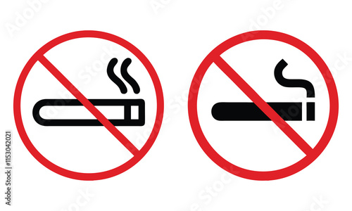 No Smoking Symbol Icon Set, Two no-smoking icons featuring cigarettes with smoke and a red prohibition sign, ideal for health, public spaces, and anti-smoking campaigns.  
 photo