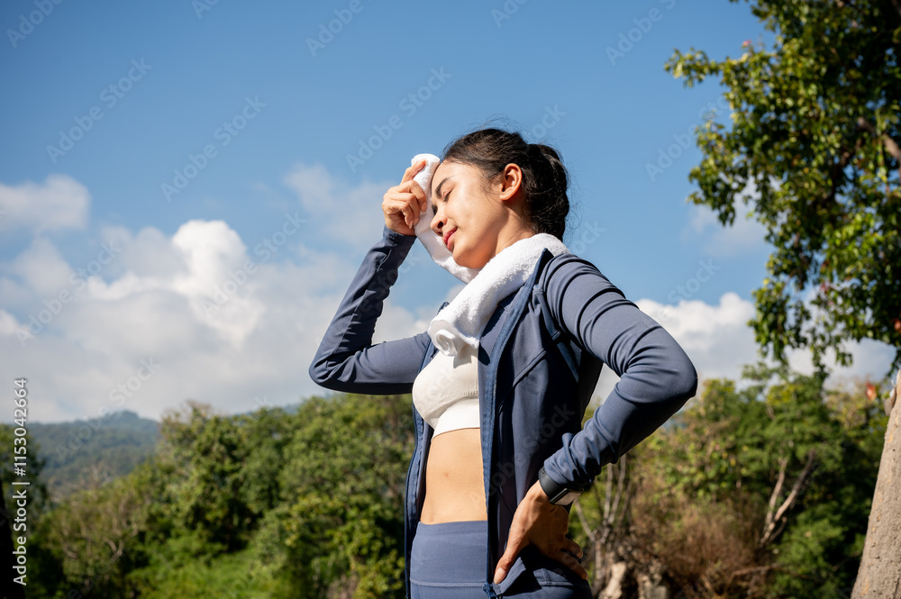 Tired, sweaty Asian woman in sportswear wipes sweat from her face with a towel, exercising in a park Tired, sweaty Asian woman in sportswear wipes sweat from her face with a towel, exercising in a park