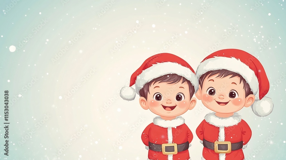 Cheerful cartoon boys in Santa costumes on pastel background with copy space Cheerful cartoon boys in Santa costumes on pastel background with copy space