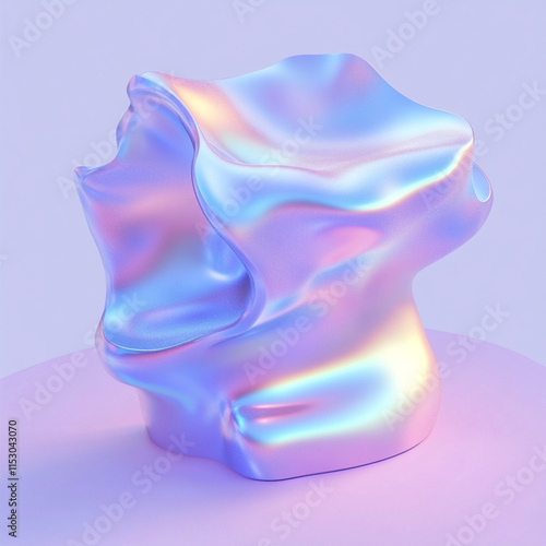 A mesmerizing, iridescent blob with flowing, holographic colors floats against a soft background.