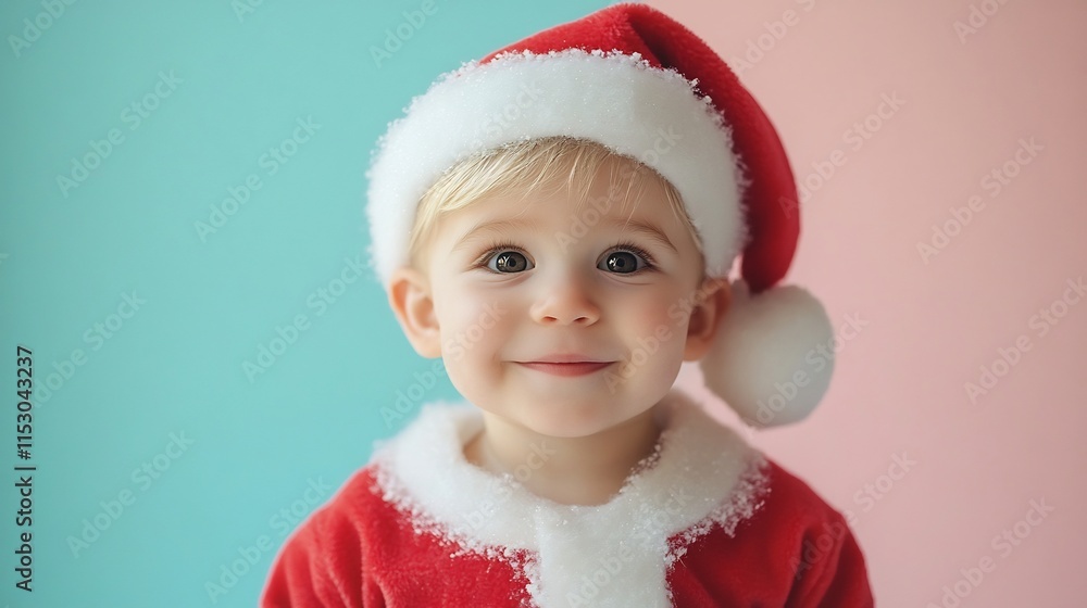 Cheerful Preschool Boy in Festive Santa Costume on Pastel Background Cheerful Preschool Boy in Festive Santa Costume on Pastel Background