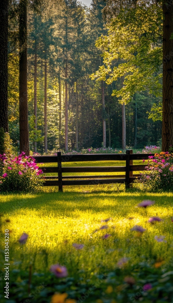 Fototapeta premium A serene forest scene with a wooden fence, vibrant flowers, and dappled sunlight.