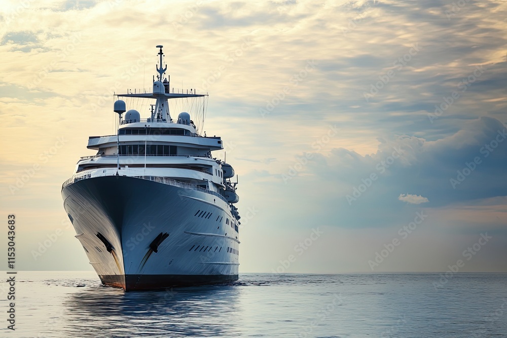 Naklejka premium Luxury cruise ship sailing on calm waters at sunset.