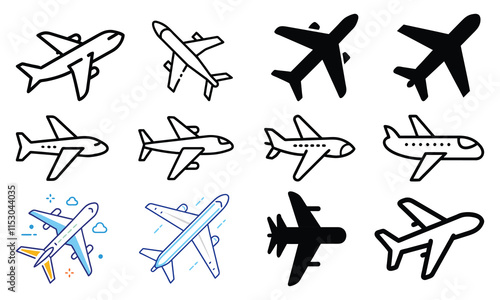 Airplane Icon Collection: Outline and Solid Styles, A set of 12 airplane icons in outline, solid, and decorative styles, ideal for travel, aviation, transportation, and logistics design projects.
