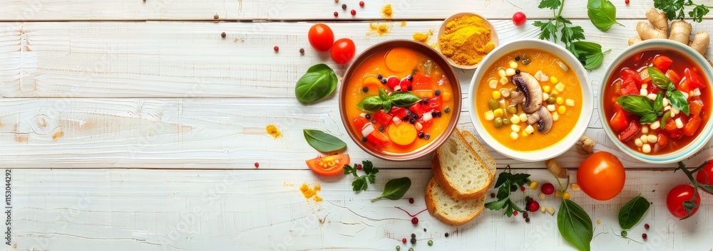 Assortment of Soup Bowls with Fresh Ingredients Assortment of Soup Bowls with Fresh Ingredients