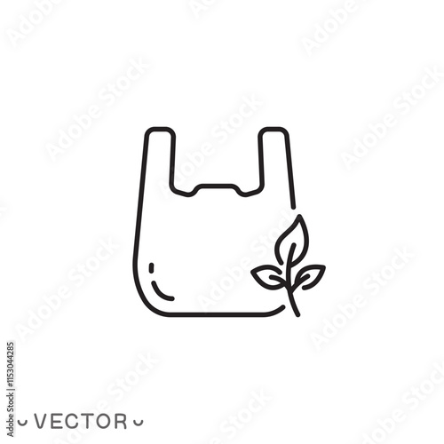 plastic bag with leaf icon, eco packaging , ecologically clean products, thin line symbol concept isolated on white background, editable stroke eps 10 vector illustration