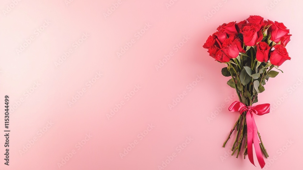 Stunning Red Roses Bouquet on Minimalist Pink Background Stunning Red Roses Bouquet on Minimalist Pink Background