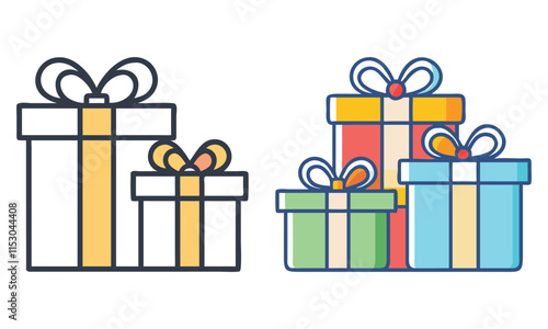 Gift Box Icons in Outline and Color, Two gift box designs, one in outline and one in colorful style, perfect for holiday, celebration, birthday, and festive design projects.
