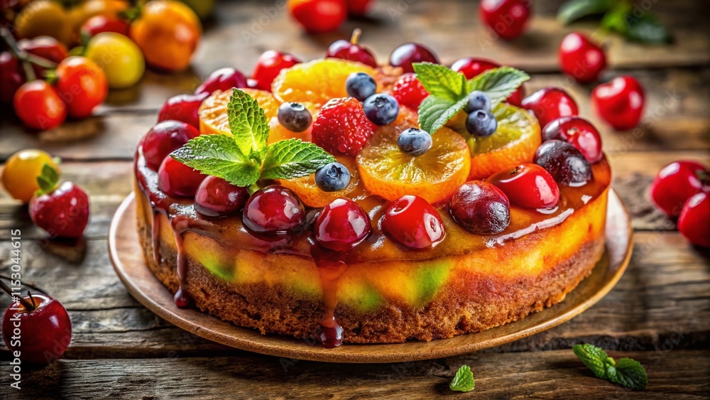 Close-up of Luscious Glazed Fruit Cake, Rich Texture and Detail, Bakery Dessert Close-up of Luscious Glazed Fruit Cake, Rich Texture and Detail, Bakery Dessert