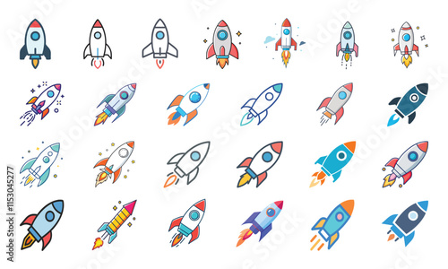 Colorful Rocket Icon Collection, A vibrant set of 25 rocket icons in various styles and orientations, perfect for space, startups, technology, and creative projects.
