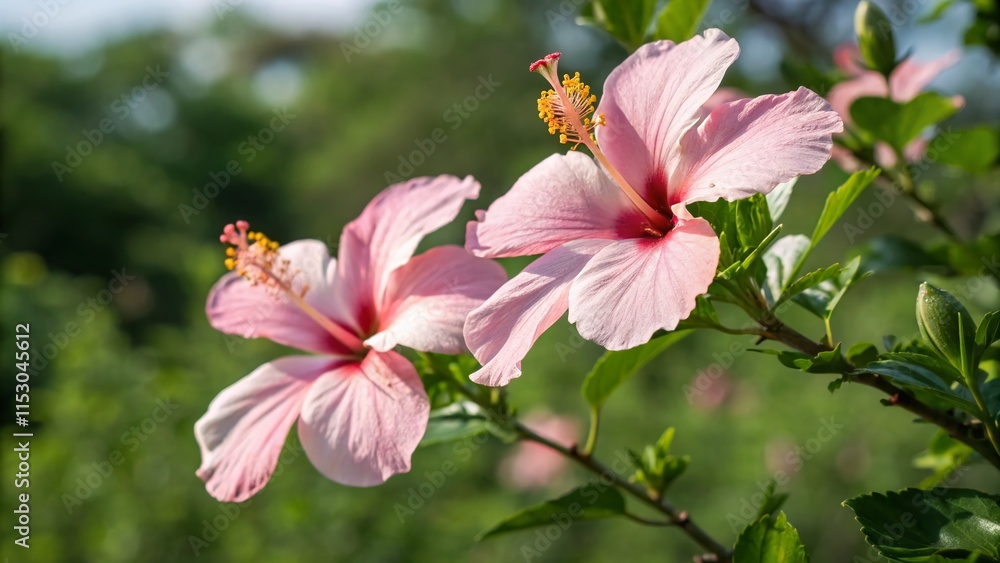 Close-up of Two Delicate Light Pink Hibiscus Flowers with Yellow Centers, Soft Petals, Blurred Green Background - Aerial View Close-up of Two Delicate Light Pink Hibiscus Flowers with Yellow Centers, Soft Petals, Blurred Green Background - Aerial View