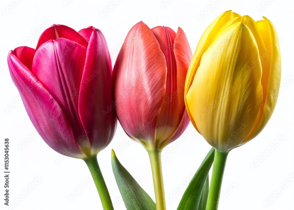 Fototapeta premium Close-up of Vibrant Red, Yellow, and Pink Tulips on White Background