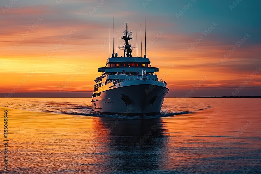 Luxury yacht cruising at sunset on calm waters. Luxury yacht cruising at sunset on calm waters.