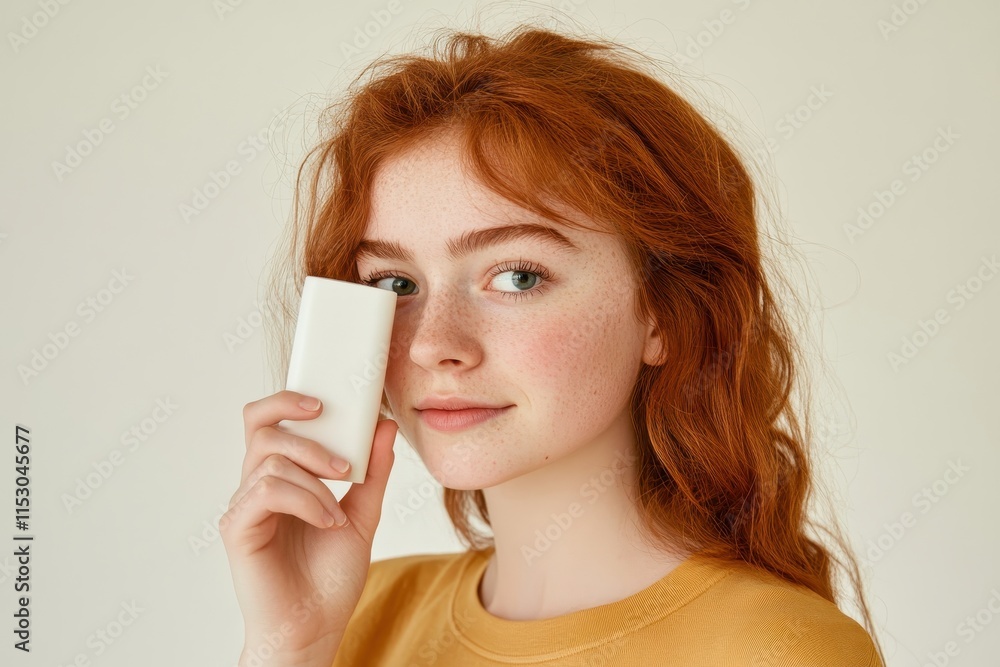 Redhead Woman with Freckles Holding a Blank White Rectangle Skincare Product Redhead Woman with Freckles Holding a Blank White Rectangle Skincare Product