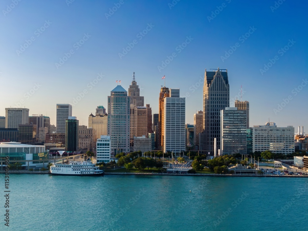 Obraz premium Detroit skyline, viewed from the river, with a riverboat. City's architectural beauty. DETROIT RIVER, DETROIT, MICHIGAN, UNITED STATES