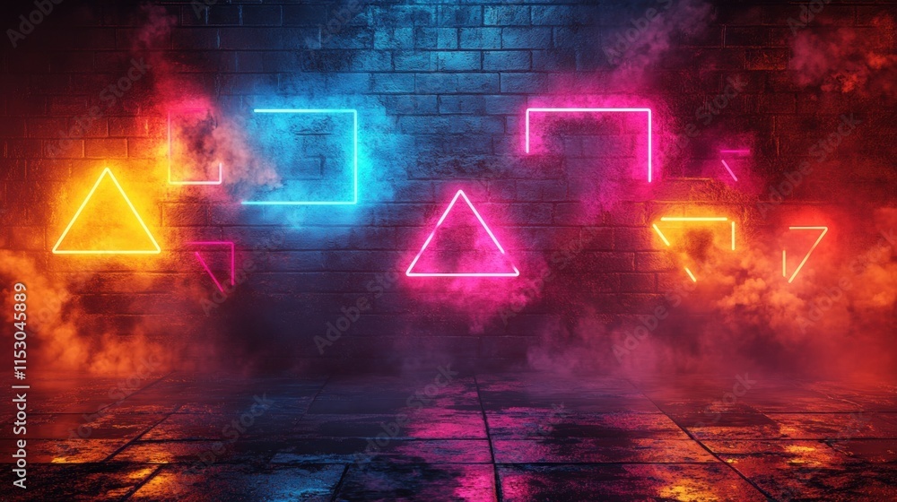 Fototapeta premium Vibrant neon shapes and smoke against a brick wall