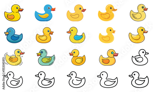 Colorful Rubber Duck Icon Collection, A collection of 18 rubber duck icons in various colors and styles, including outline and vibrant designs, perfect for playful projects.
