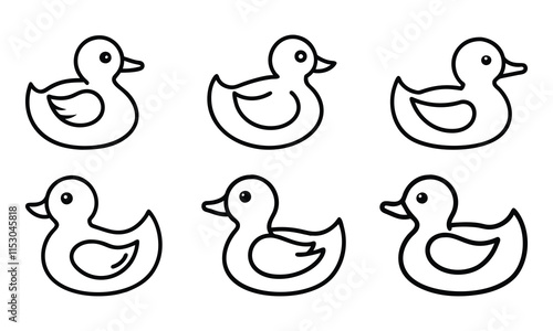 Rubber Duck Outline Icon Set, A set of six rubber duck icons in black-and-white outline style, perfect for minimalist, children’s, or aquatic-themed designs.
