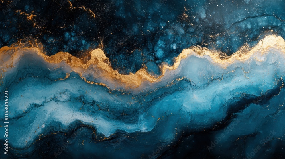 Obraz premium Abstract blue and gold marble texture with fluid patterns and cosmic details
