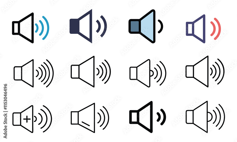 Speaker and Sound Wave Icon Collection, A set of twelve speaker icons with diverse sound wave designs, representing audio settings, volume control, and multimedia functions.
Speaker and Sound Wave Icon Collection, A set of twelve speaker icons with diverse sound wave designs, representing audio settings, volume control, and multimedia functions.