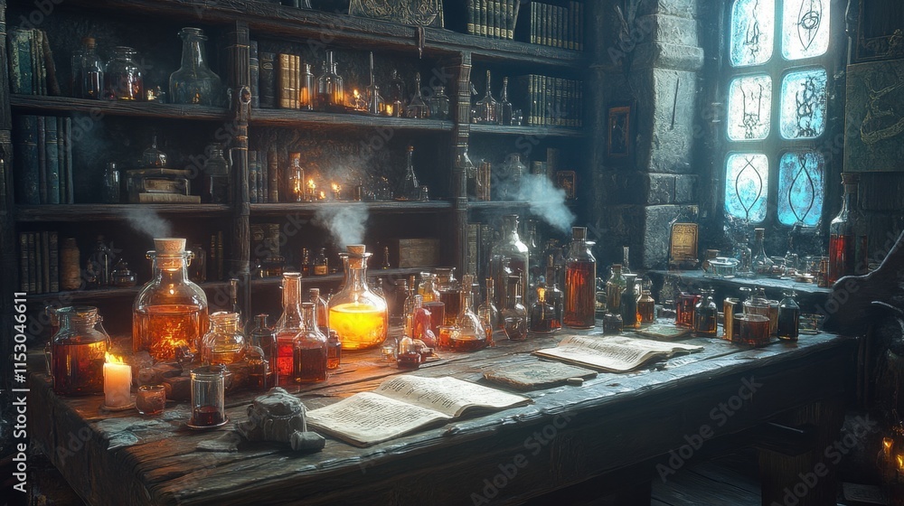 Mystical alchemy laboratory with ancient books and glowing potions Mystical alchemy laboratory with ancient books and glowing potions
