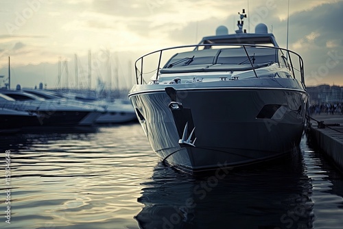 Luxury yacht docked at a serene harbor at sunset. photo