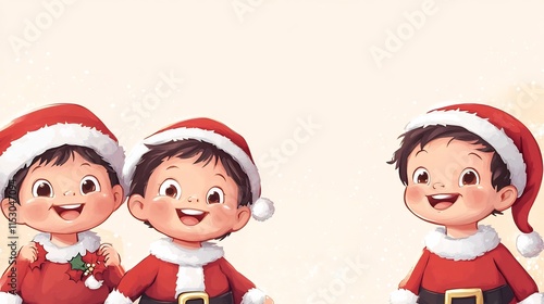 Cheerful Santa Costumed Children Enjoying the Holidays on Pastel Background