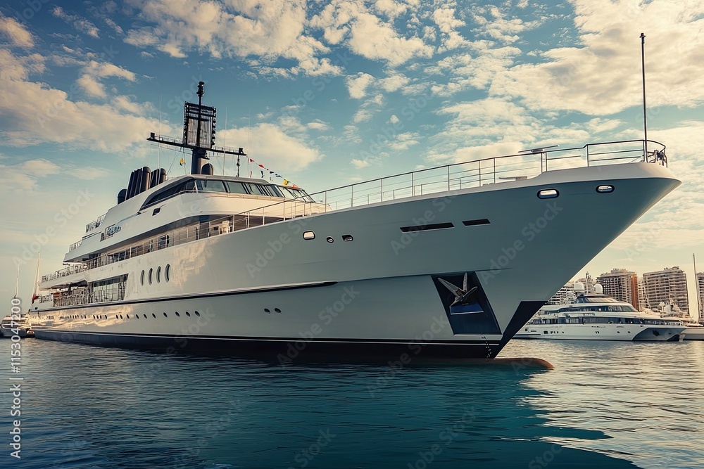 Luxury yacht docked in a marina under a blue sky. Luxury yacht docked in a marina under a blue sky.
