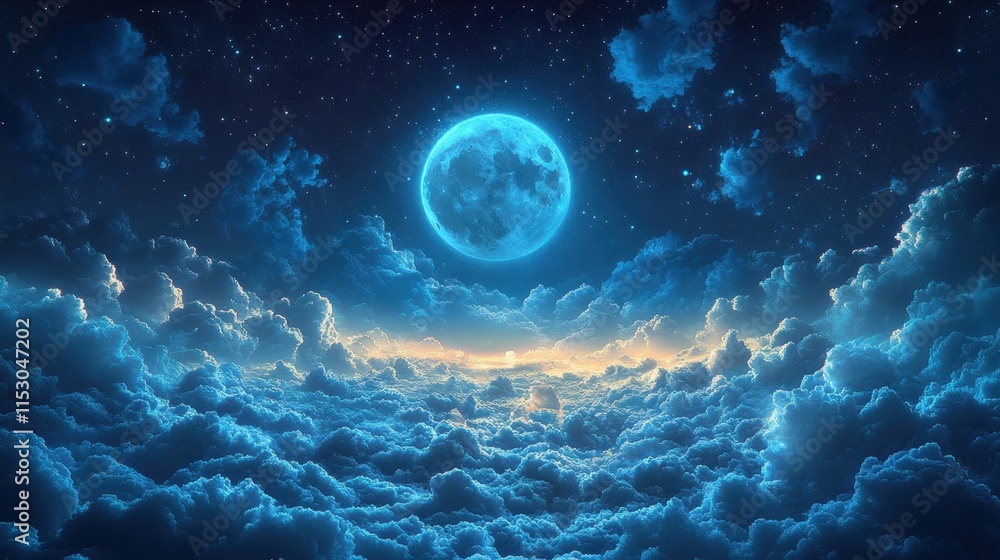 Luminous full moon above dramatic nighttime cloudscape Luminous full moon above dramatic nighttime cloudscape