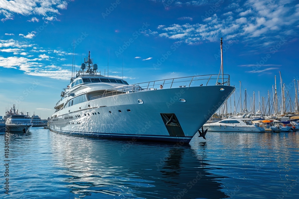 Luxury yacht docked in a marina under a blue sky.