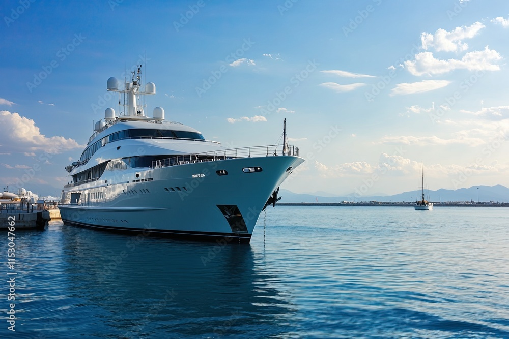 Luxury yacht docked in serene waters under blue skies. Luxury yacht docked in serene waters under blue skies.