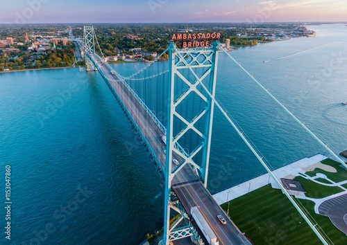 High-angle view of the Ambassador Bridge, connecting Detroit, MI to Windsor, ON. Traffic moves across the bridge. AMBASSADOR BRIDGE, DETROIT, MICHIGAN, UNITED STATES