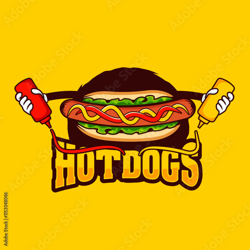 Hotdog vector with delicious sauces on top ketchup and mustard. Hot and playful character illustration. can use for quick service restaurants or a cafe or hot dog stand as a logo or graphic element.