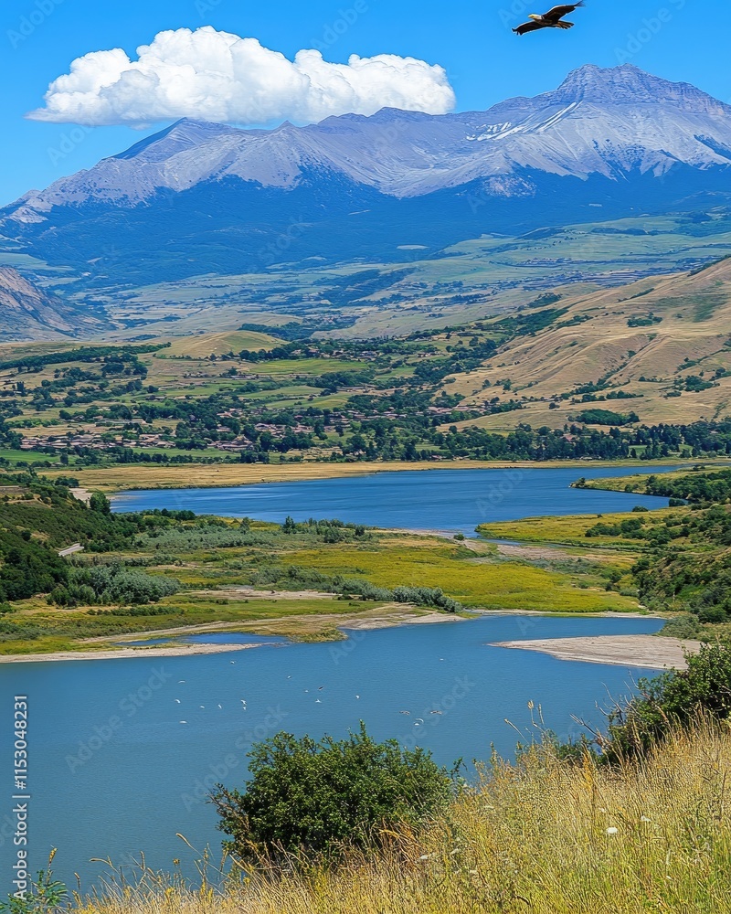 Scenic landscape featuring mountains, a river, and lush greenery under a bright blue sky. Scenic landscape featuring mountains, a river, and lush greenery under a bright blue sky.